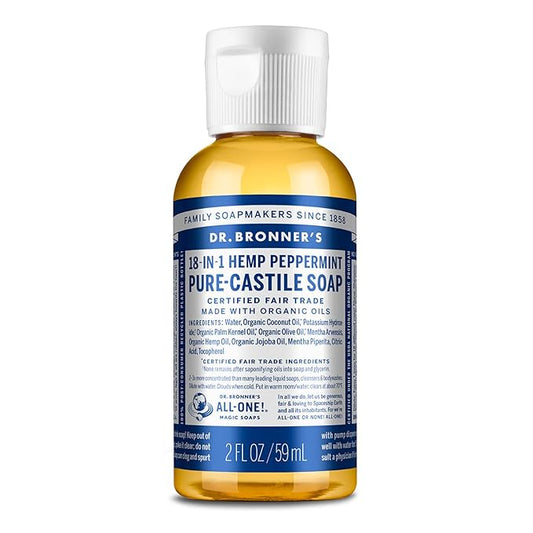 Dr. Bronner's - Pure-Castile Liquid Soap (Peppermint, Travel Size, 2 ounce) - Made with Organic Oils, 18-in-1 Uses: Face, Body, Hair, Laundry, Pets and Dishes, Concentrated, Vegan, Non-GMO