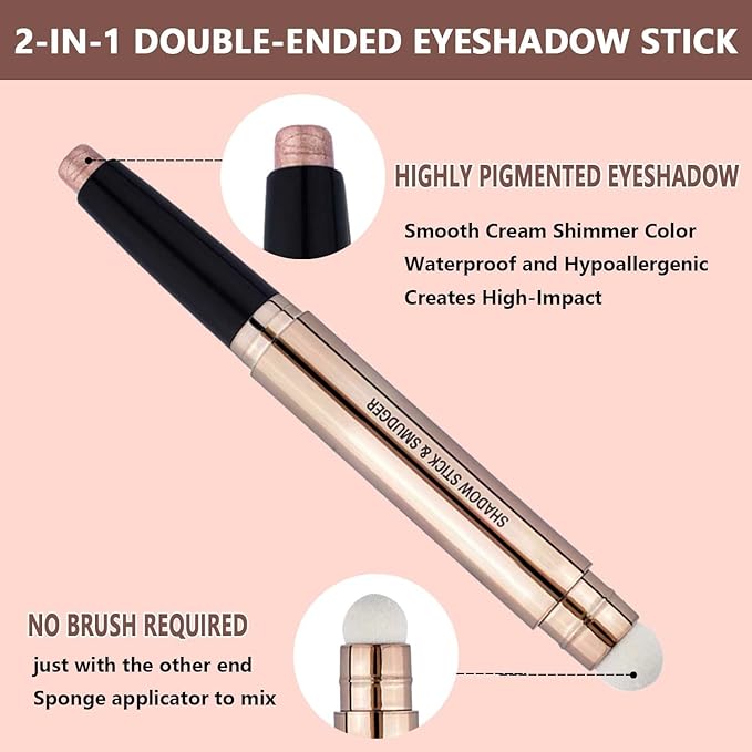 Rose Gold Eyeshadow Stick and Sponge Brush Cream Shimmer Smooth Eyeshadow Pencil Hypoallergenic Waterproof Eye Shadow Eyeliner Highlighter Stick Primer Palette Glitter Liquid Nude Korean Matte