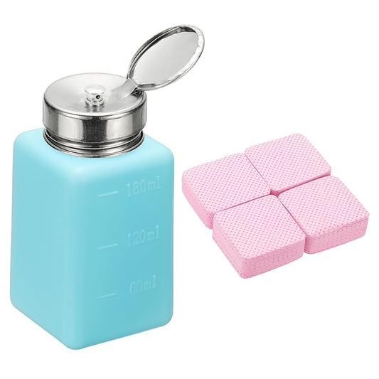 YOKIVE Alcohol Dispenser, 180ml(6oz) Pump Dispenser Bottle Push Down for Nail Polish Remover Acetone Cleanser with 200Pcs Lint Free Nail Wipes, Blue(Splash-proof Pump Head)