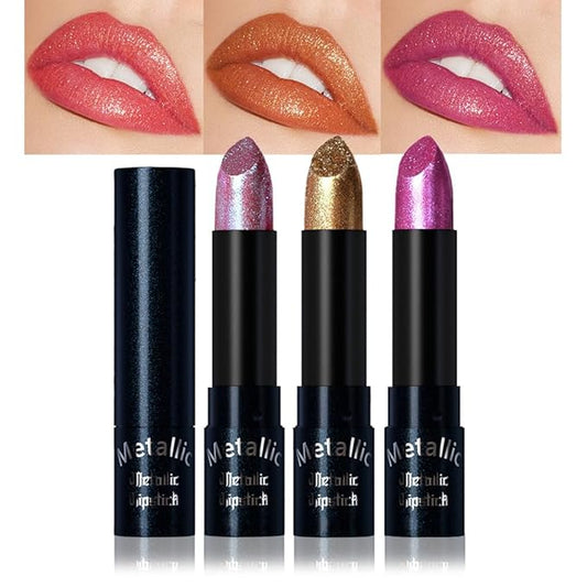 3Pcs Metallic Lipstick for Women,Lightweight Non-Drying Shimmer Frosted Lipsticks Kit Set,Glitter Lip Gloss Stain Long Lasting Waterproof No Smudge Proof No Transfer 12 Hour,Cruelty-Free Makeup (B)