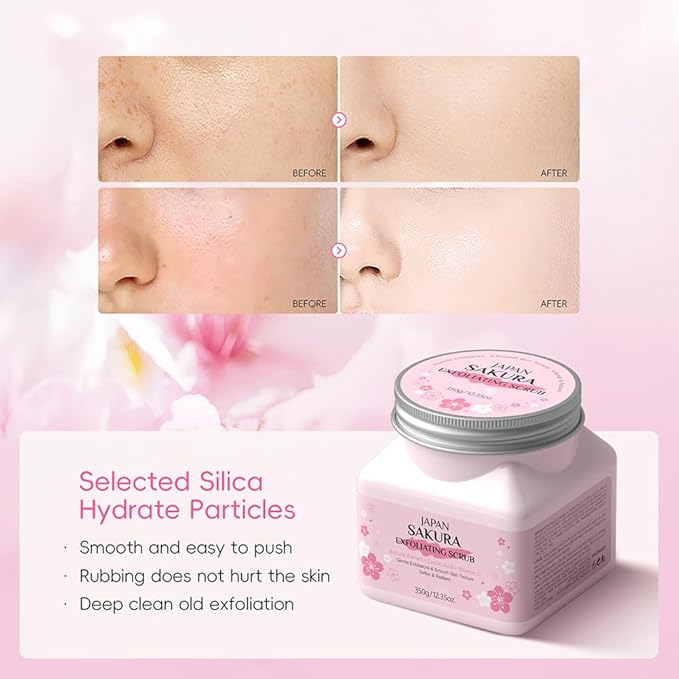 Sakura Exfoliating Scrub for Face and Body,Gentle Sakura Facial Exfoliating Gel-Deep Cleansing,Moisturizing,Smoothing Softening Skin and for All Types Skin,Hydrating Facial Body Scrub,12 Oz