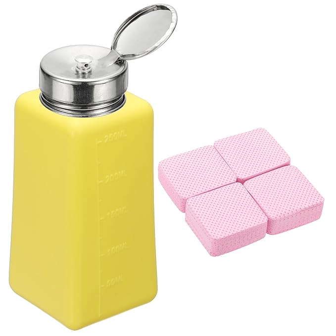 YOKIVE Alcohol Dispenser, 250ml(8.5oz) Pump Dispenser Bottle Push Down for Nail Polish Remover Acetone Cleanser with 200Pcs Lint Free Nail Wipes, Yellow(Splash-proof Pump Head)