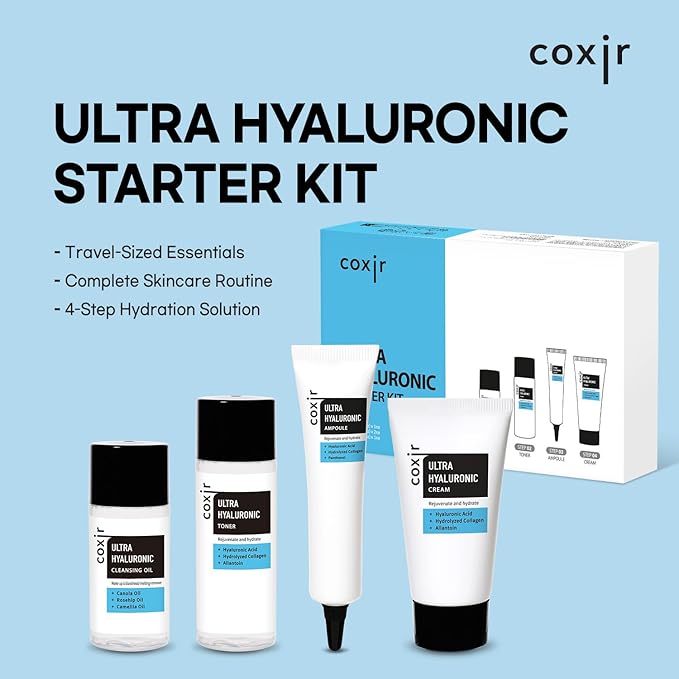 [Christmas Gift] coxir Ultra Hyaluronic Holiday Gift Set – Cleansing Oil + Toner + Ampoule + Cream |Mini Skincare Kit, Travel-Size Korean Skincare Set, Hydrating Routine | Christmas Mini Gift