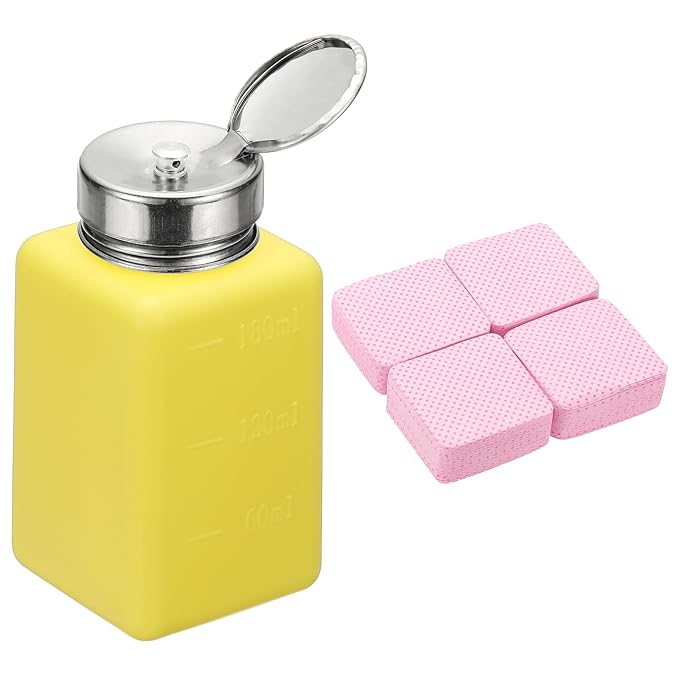 YOKIVE Alcohol Dispenser, 180ml(6oz) Pump Dispenser Bottle Push Down for Nail Polish Remover Acetone Cleanser with 200Pcs Lint Free Nail Wipes, Yellow(Splash-proof Pump Head)