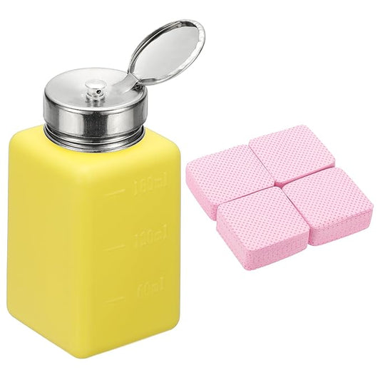 YOKIVE Alcohol Dispenser, 180ml(6oz) Pump Dispenser Bottle Push Down for Nail Polish Remover Acetone Cleanser with 200Pcs Lint Free Nail Wipes, Yellow(Splash-proof Pump Head)