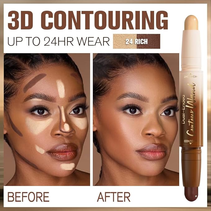 2Pcs Contour Stick Dual Ended Face Body Makeup Waterproof no Transfer, 2 in 1 Cream Concealer Stick Contouring Makeup Kit, Nose Contour Bronzer Sticks Face Highlighter Make up 22# + 24#