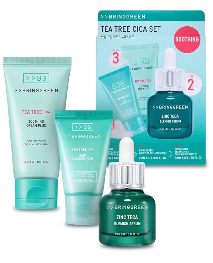 BRING GREEN TEA TREE CICA SET | Korean Skin Care Kit for Acne-Prone, Sensitive Skin | Zinc Teca Serum, Tea Tree Hydrating Moisturizer & Deep Cleansing Foam | Oil Control & Pore Care | K-Beauty Gift