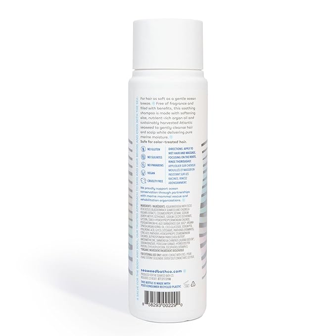 Seaweed Bath Co. Gentle Shampoo, Unscented, 12 Ounce, Sustainably Harvested Seaweed, Aloe, Argan Oil, for Sensitive Scalps and All Hair Types