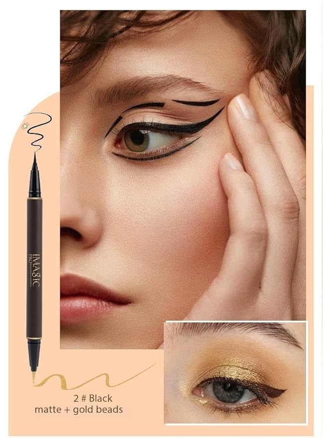 Double Head Eyeliner Pen, Waterproof Liquid Eyeliner, Long-Lasting, High-Pigmented Liner, Vegan & Cruelty-Free, Black & Gold