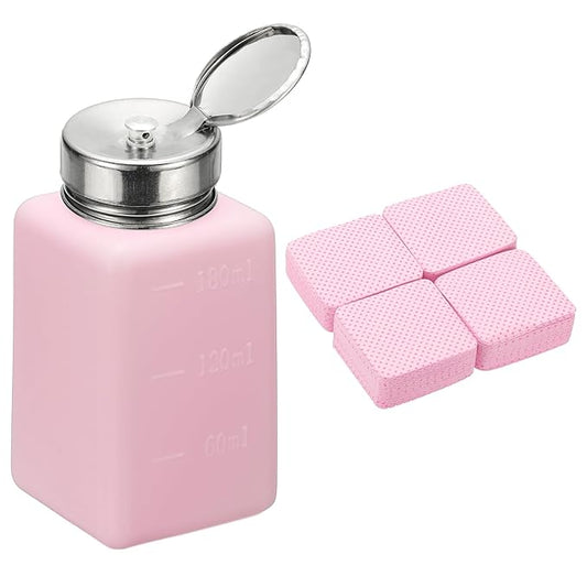 YOKIVE Alcohol Dispenser, 180ml(6oz) Pump Dispenser Bottle Push Down for Nail Polish Remover Acetone Cleanser with 200Pcs Lint Free Nail Wipes, Pink(Splash-proof Pump Head)