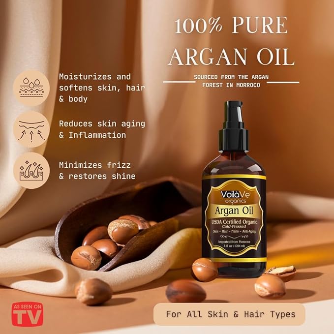 VoilaVe USDA and ECOCERT 100% Pure Organic Moroccan Argan Oil for Skin, Nails & Hair Growth, Anti-Aging Face Moisturizer, Cold Pressed, Hair Moisturizer, Rich in Vitamin E, As Seen On TV - 4 fl oz