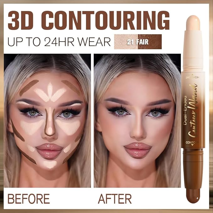 2Pcs Contour Stick Dual Ended Face Body Makeup Waterproof no Transfer, 2 in 1 Cream Concealer Stick Contouring Makeup Kit, Nose Contour Bronzer Sticks Face Highlighter Make up 21#+23#