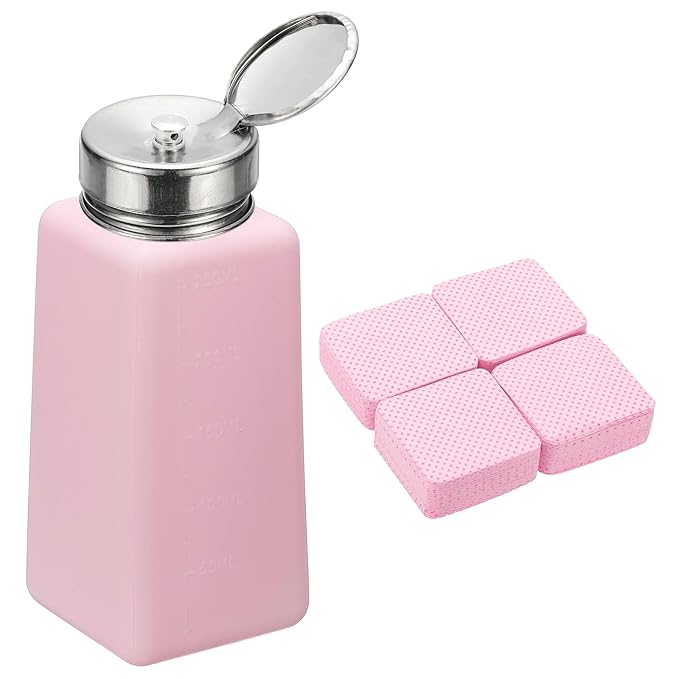 YOKIVE Alcohol Dispenser, 250ml(8.5oz) Pump Dispenser Bottle Push Down for Nail Polish Remover Acetone Cleanser with 200Pcs Lint Free Nail Wipes, Pink(Splash-proof Pump Head)
