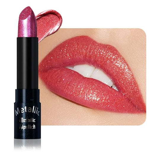 Red Brown Metallic Lipstick for Women,Lightweight Non-Drying Shimmer Frosted Lipsticks,Glitter Lip Gloss Stain Long Lasting Waterproof No Smudge Proof No Transfer 12 Hour,Cruelty-Free Makeup