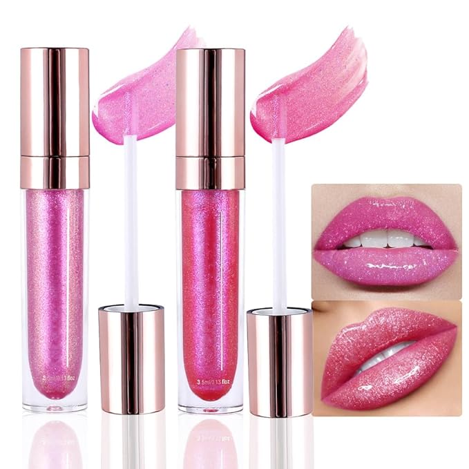 evpct 2Pcs Blush Red Pink Pearlescent Chameleon Shimmer Glitter Lipstick Lip Gloss, Long Lasting Waterproof Glitter Metallic Sparkly Glossy Lip Gloss Tint Stain Liquid Lipsticks Makeup Set for Women