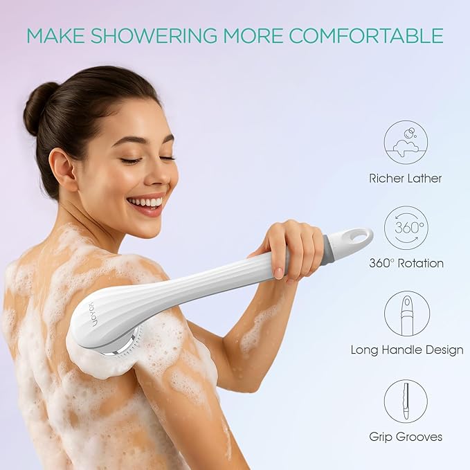 VOYOR Electric Body Brush Back Scrubber for Shower Rechargeable Exfoliating Bath Brush Powered Shower Brush with Non-Slip Long Handle Deep Cleansing, Exfoliation, Massaging Spin Brush BC100 (Grey)