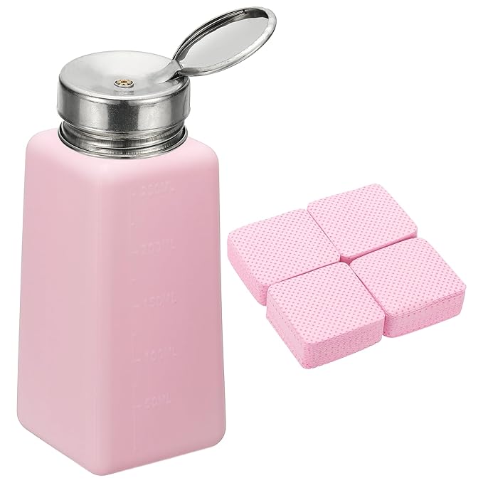 YOKIVE Alcohol Dispenser, 250ml(8.5oz) Pump Dispenser Bottle Push Down for Eye Makeup Nail Polish Remover Acetone Cleanser with 200Pcs Lint Free Nail Wipes, Pink