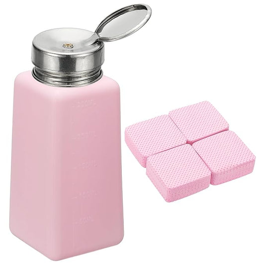 YOKIVE Alcohol Dispenser, 250ml(8.5oz) Pump Dispenser Bottle Push Down for Eye Makeup Nail Polish Remover Acetone Cleanser with 200Pcs Lint Free Nail Wipes, Pink