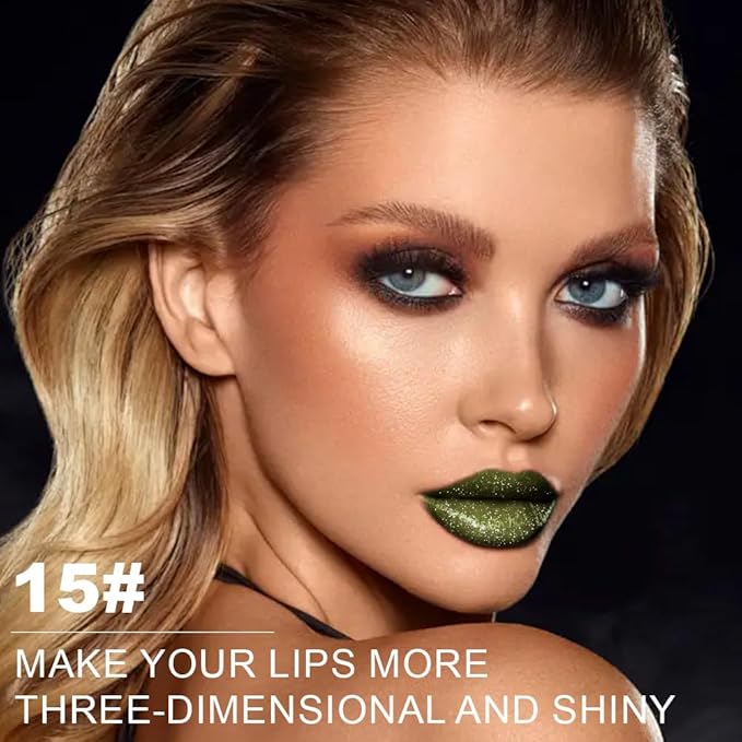 Dark Green Metallic Lipstick for Women,Lightweight Non-Drying Shimmer Frosted Lipsticks,Glitter Lip Gloss Stain Long Lasting Waterproof No Smudge Proof No Transfer 12 Hour,Cruelty-Free Makeup