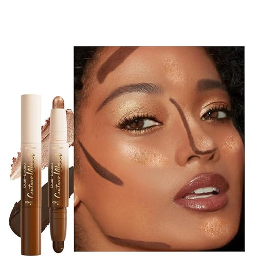 2in1 Cream Contour Highlighter Stick, Neutral Bronzer Makeup Sticks, Applies Dual-Ended Sculpting Stick for Face Body, Long Lasting No Smudging, Suitable for Makeup Beginners-Deep Rich