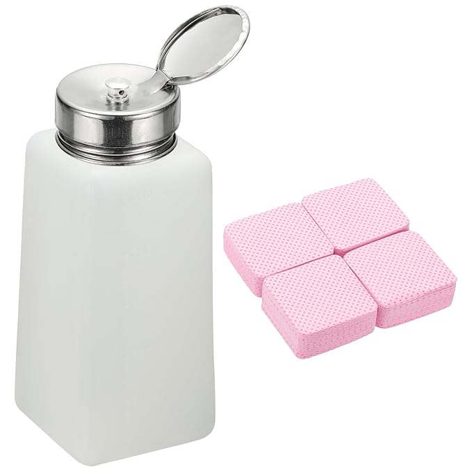 YOKIVE Alcohol Dispenser, 250ml(8.5oz) Pump Dispenser Bottle Push Down for Nail Polish Remover Acetone Cleanser with 200Pcs Lint Free Nail Wipes, White(Splash-proof Pump Head)