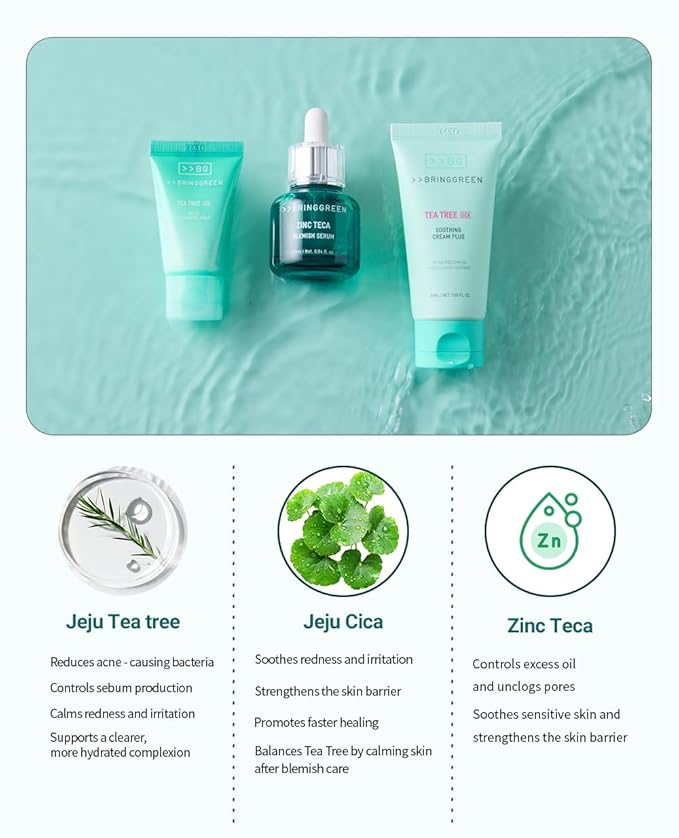 BRING GREEN TEA TREE CICA SET | Korean Skin Care Kit for Acne-Prone, Sensitive Skin | Zinc Teca Serum, Tea Tree Hydrating Moisturizer & Deep Cleansing Foam | Oil Control & Pore Care | K-Beauty Gift