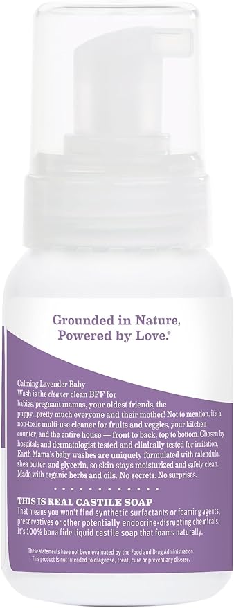 Earth Mama Calming Lavender Baby Wash Liquid Foaming Hand Soap, Organic All-Purpose Lavender Body Wash for Sensitive Skin, Castile Soap with Coconut Oil, Shea Butter, & Calendula