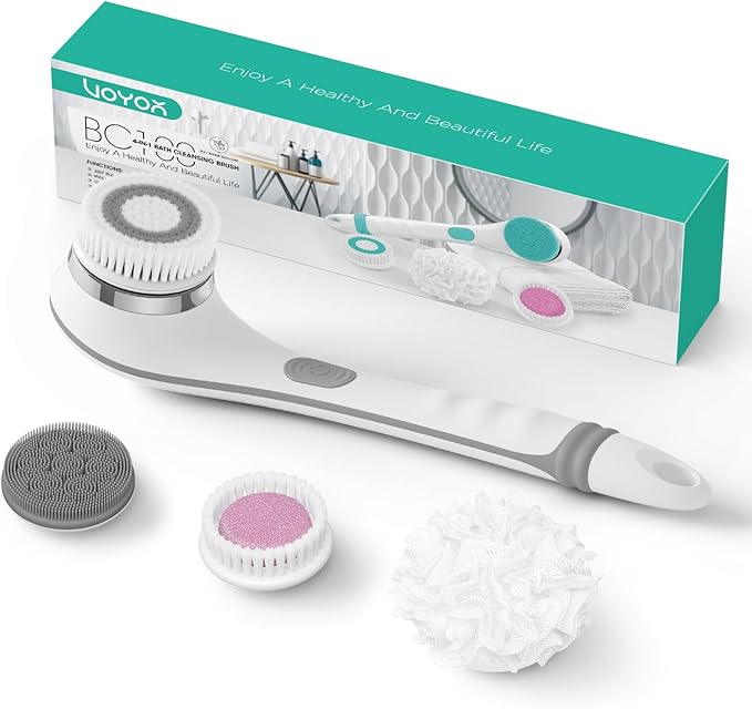 VOYOR Electric Body Brush Back Scrubber for Shower Rechargeable Exfoliating Bath Brush Powered Shower Brush with Non-Slip Long Handle Deep Cleansing, Exfoliation, Massaging Spin Brush BC100 (Grey)