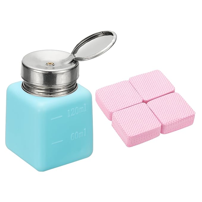 YOKIVE Alcohol Dispenser, 120ml(4oz) Pump Dispenser Bottle Push Down for Eye Makeup Nail Polish Remover Acetone Cleanser with 200Pcs Lint Free Nail Wipes, Blue