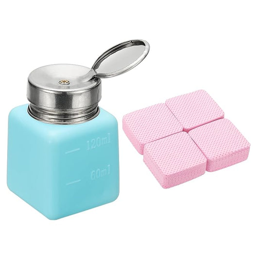 YOKIVE Alcohol Dispenser, 120ml(4oz) Pump Dispenser Bottle Push Down for Eye Makeup Nail Polish Remover Acetone Cleanser with 200Pcs Lint Free Nail Wipes, Blue