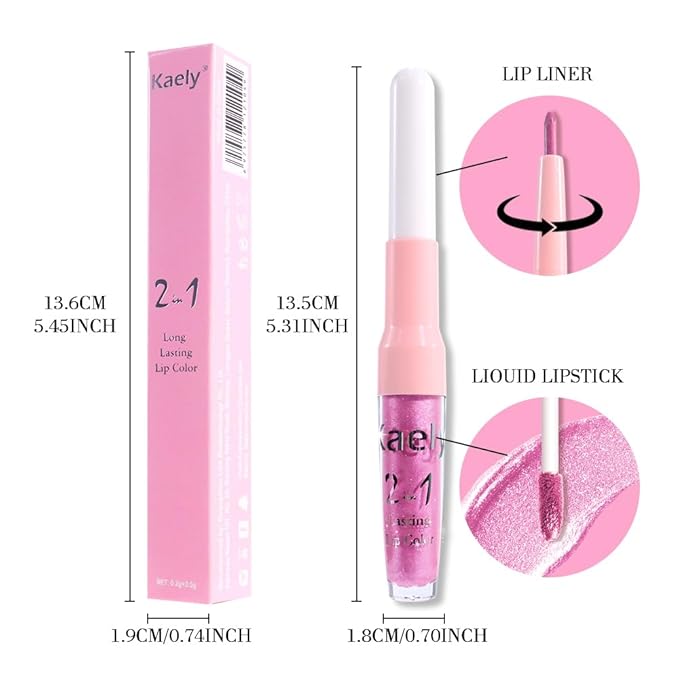 Kaely 2-in-1 Pink Metallic Lipstick and Lip Liner, Shimmer Liquid Metallic Lipsticks for Women, Glitter Lip Gloss Stain Long Lasting Waterproof Smudge Proof 24 Hour, Vegan Makeup, 21