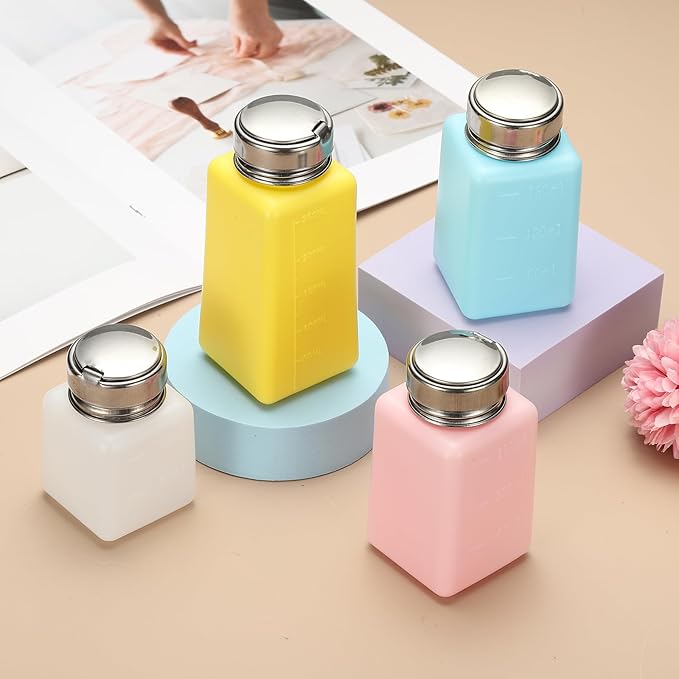 YOKIVE Alcohol Dispenser, 180ml(6oz) Pump Dispenser Bottle Push Down for Nail Polish Remover Acetone Cleanser with 200Pcs Lint Free Nail Wipes, Yellow(Splash-proof Pump Head)