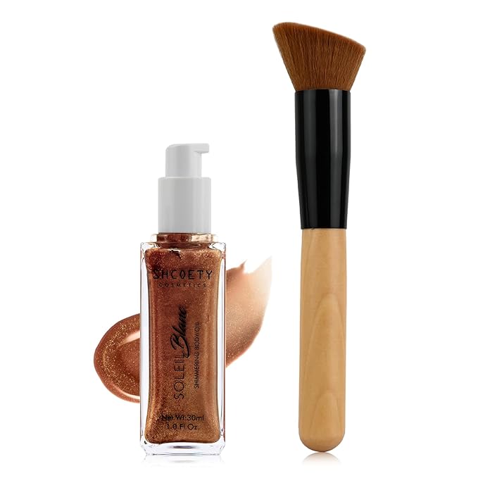 Shimmer Body Oil with Brush, Portable Long Lasting Body Glow Oil for Body & Face, Waterproof & Natural Moisturizing Liquid Highlighter Makeup for All Skin, Travel, Wedding, Party, Bronze Gold
