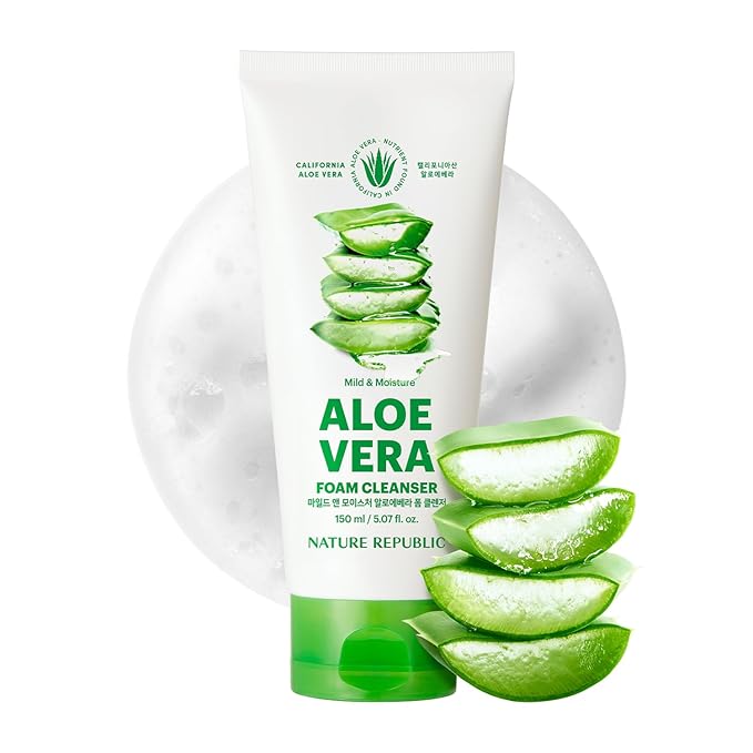 Nature Republic Mild & Moisture Aloe Vera Foam Cleanser Hydration & Moisturizing makeup remover, Pore Cleansing aloe face wash,Korean Skin Care for All Skin Types 150ml / 5.07 fl Oz