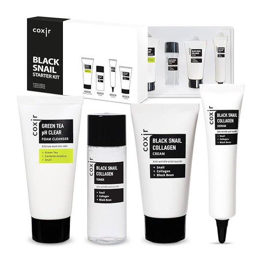 [Christmas Gift Set] coxir Black Snail Collagen Starter Kit – Cleanser, Toner, Serum & Cream | Repairing Snail Mucin Skincare Set, Hydrating Korean Beauty Routine for Women (4-Piece)