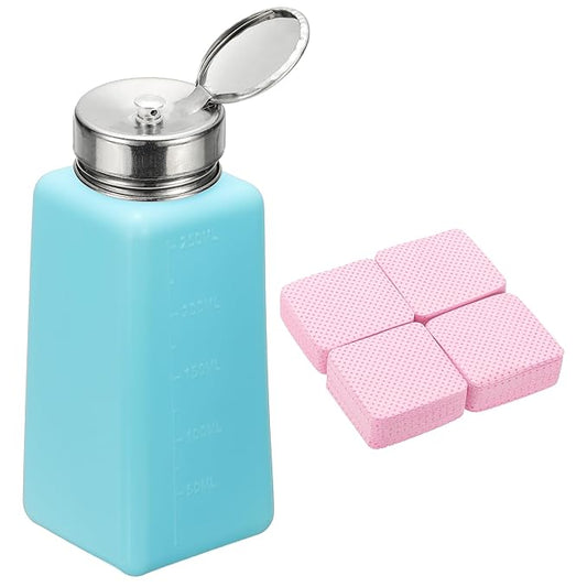 YOKIVE Alcohol Dispenser, 250ml(8.5oz) Pump Dispenser Bottle Push Down for Nail Polish Remover Acetone Cleanser with 200Pcs Lint Free Nail Wipes, Blue(Splash-proof Pump Head)