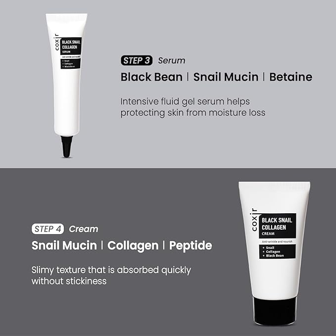 [Christmas Gift Set] coxir Black Snail Collagen Starter Kit – Cleanser, Toner, Serum & Cream | Repairing Snail Mucin Skincare Set, Hydrating Korean Beauty Routine for Women (4-Piece)