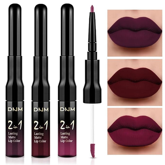 evpct 3Pcs Dark Red Purple Plum Matte Liquid Lipstick and Lip Liner Set for Women Matte Burgundy Lip Tint Stain Long Lasting Waterproof, Black Cherry Blood Red Mauve Brown Gothic Goth Lipsticks Makeup