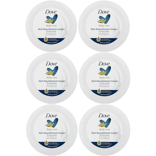 Dove Body Love Rich Nourishment Cream, Face, Hand & Body Lotion for Extremely Dry Skin, Fast-Absorbing 72-Hour Moisturizing Cream with Ceramide Serum, 5.07 Fl Oz (Pack of 6)