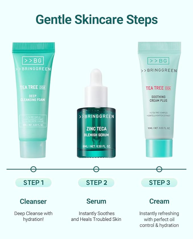 BRING GREEN TEA TREE CICA TRIAL KIT | Travel Size Korean Skin Care Set for Acne-Prone, Sensitive Skin | Zinc Teca Serum, Tea Tree Cica Moisturizer & Deep Cleansing Foam | Hydrating & Oil Control