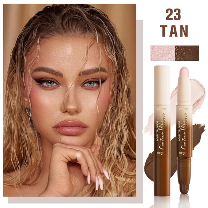2in1 Cream Contour Highlighter Stick, Neutral Bronzer Makeup Sticks, Applies Dual-Ended Sculpting Stick for Face Body, Long Lasting No Smudging, Suitable for Makeup Beginners-Medium Tan