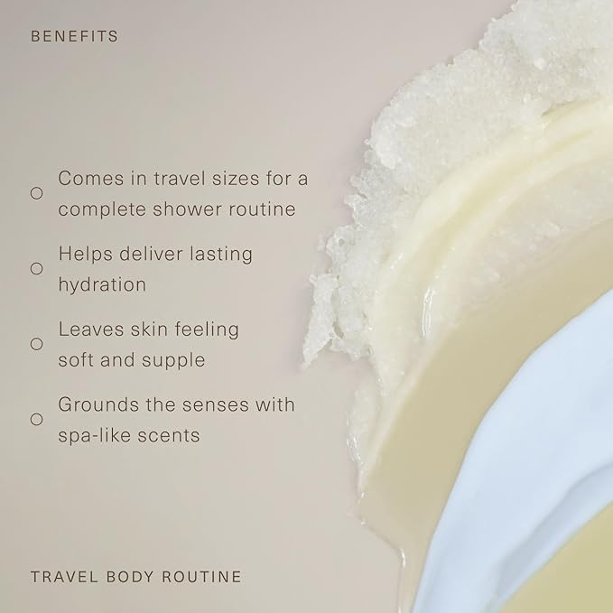 Oak Essentials Travel Body Routine | TSA-Friendly Mini Body Care Set with Wash, Scrub, Lotion, Oil, & Balm + Linen Travel Bag