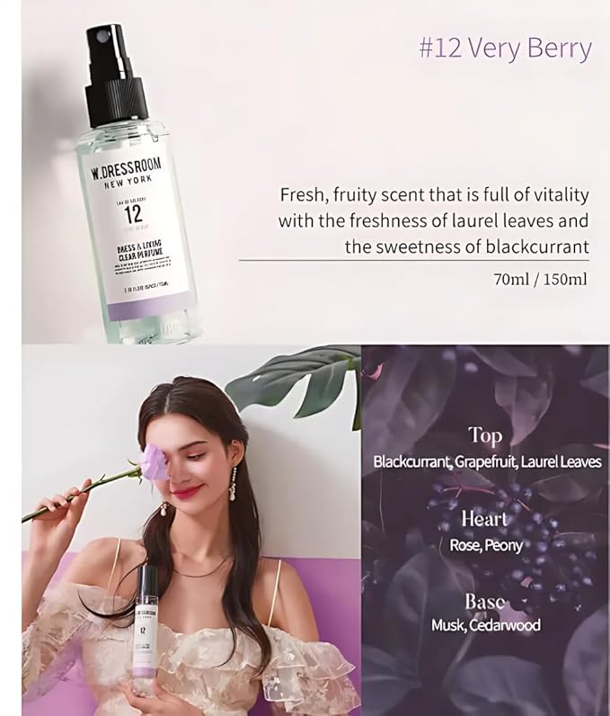 W.Dressroom No.12 Very Berry Living Clear Perfume, Body Mist & Fabric Spray Deodorizer, Alcohol-Free Water-Based, Odor Neutralizer for Clothes, Bedding & Room, Travel Size 2.36 oz