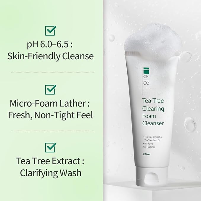 1.618 Korean Foam Face Wash - pH 6.5 Balanced Tea Tree Cleanser – Salicylic Acid & Plant-Based Formula for Blemish-Prone, Oily Skin | 5.07 oz