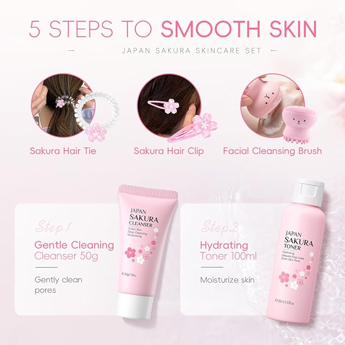 8 Pcs SakuraSkincare Set Complete Facial Care with Vitamin C, Includes Cleanser, TonerSerum, Eye Cream, Essence Cream, Sakura hairpin, Sakura hair rope, Pink octopus face wash massager