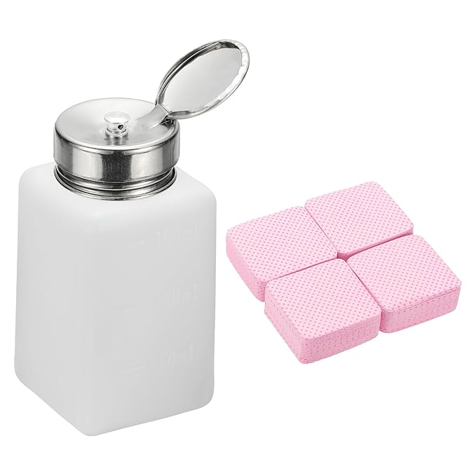 YOKIVE Alcohol Dispenser, 180ml(6oz) Pump Dispenser Bottle Push Down for Nail Polish Remover Acetone Cleanser with 200Pcs Lint Free Nail Wipes, White(Splash-proof Pump Head)