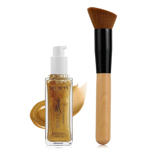 Shimmer Body Oil with Brush, Portable Long Lasting Body Glow Oil for Body & Face, Waterproof & Natural Moisturizing Liquid Highlighter Makeup for All Skin, Travel, Wedding, Party, Champagne Gold