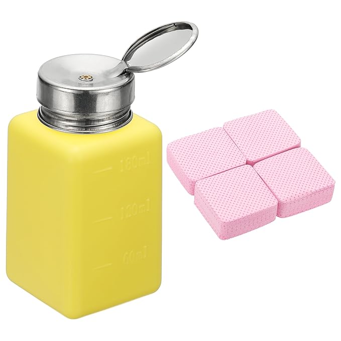 YOKIVE Alcohol Dispenser, 180ml(6oz) Pump Dispenser Bottle Push Down for Eye Makeup Nail Polish Remover Acetone Cleanser with 200Pcs Lint Free Nail Wipes, Yellow