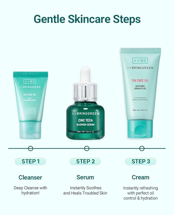 BRING GREEN TEA TREE CICA SET | Korean Skin Care Kit for Acne-Prone, Sensitive Skin | Zinc Teca Serum, Tea Tree Hydrating Moisturizer & Deep Cleansing Foam | Oil Control & Pore Care | K-Beauty Gift
