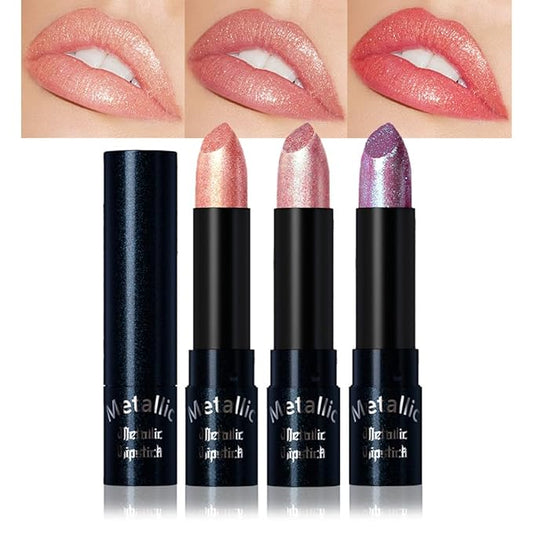 3Pcs Metallic Lipstick for Women,Lightweight Non-Drying Shimmer Frosted Lipsticks Kit Set,Glitter Lip Gloss Stain Long Lasting Waterproof No Smudge Proof No Transfer 12 Hour,Cruelty-Free Makeup (A)